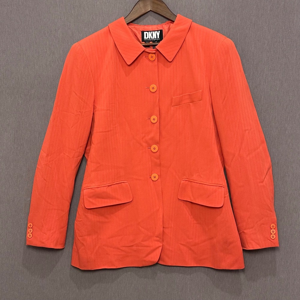 Donna Karan Vtg 90s Orange Wool Blend Textured Blazer Jacket Women's Size 14 - Picture 2 of 10